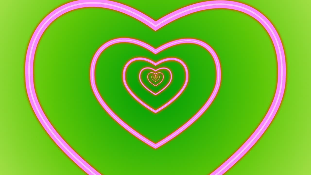 심장 로맨스 사랑 애니메이션 발렌타인 데이 네온 빛 터널 포털 시각 효과 배경 추상적인 색상 녹색 분홍색