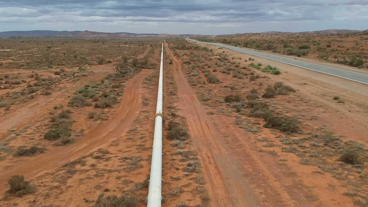Drone flying along an outback Australian water pipeline