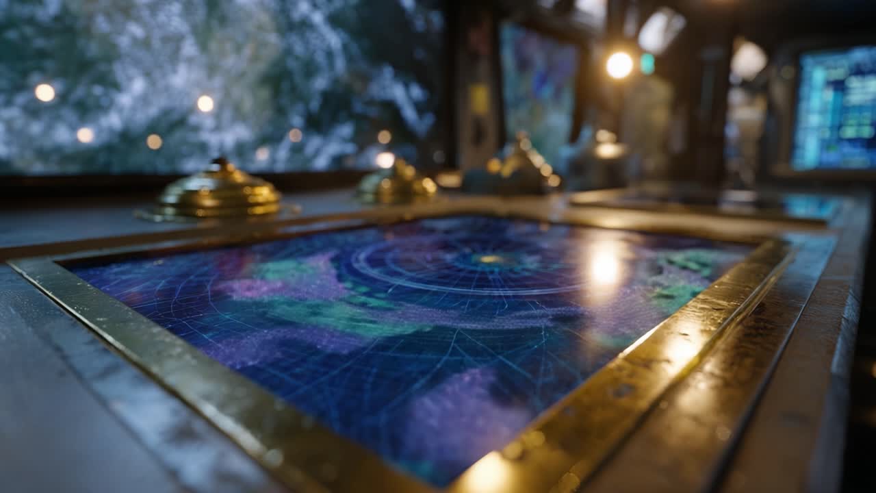Golden-framed glass table shows glowing cosmic design. Lights reflect on polished surface. Warm, mystical atmosphere. Suitable for fantasy, sci-fi, or magical themes