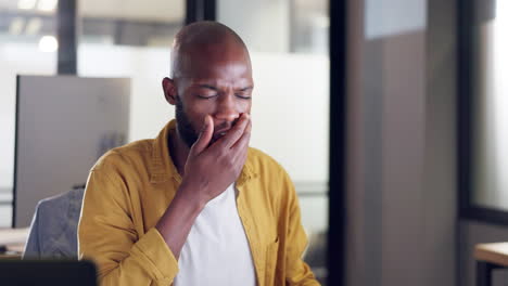 burnout, tired or black man yawn in office