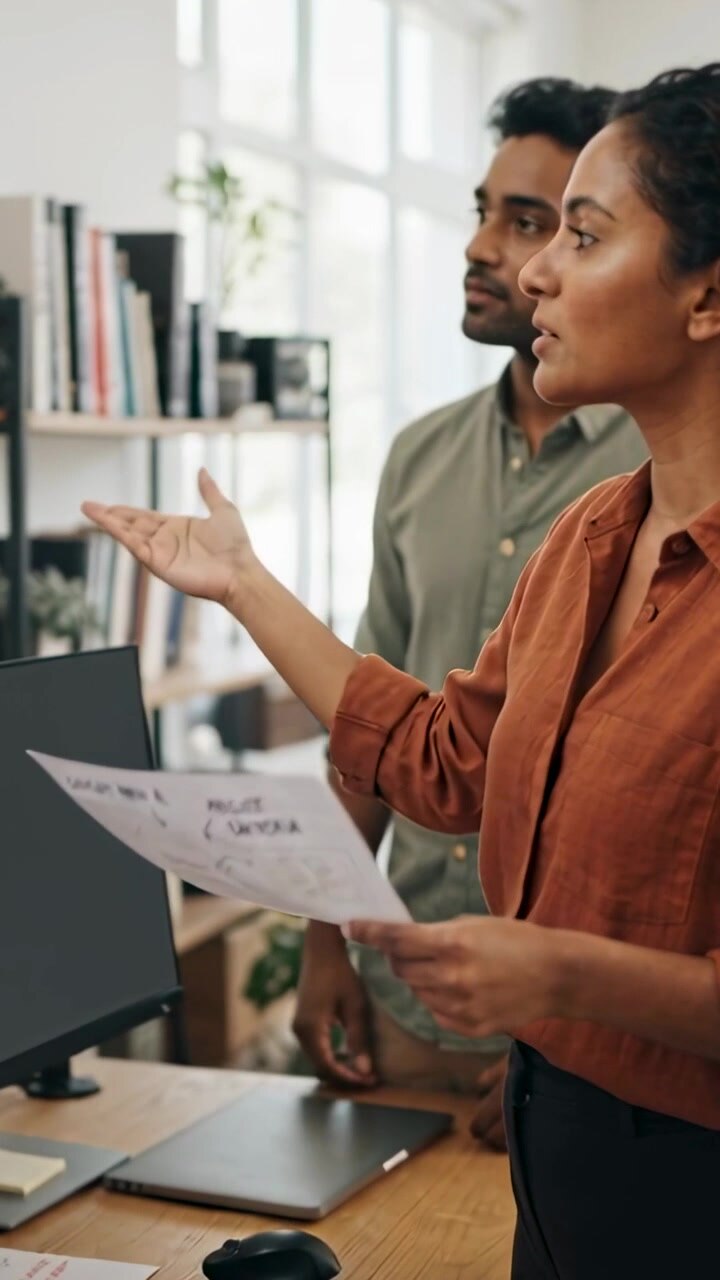 Vertical video: Pointing woman in rust shirt leading review at desk paper spurring screen check