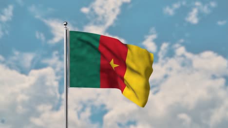 Kamerun-flagge,-Die-Im-Realistischen-4k-video-Des-Blauen-Himmels-Weht