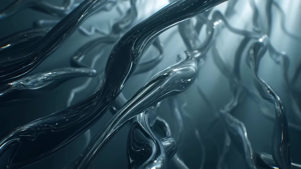 Reflective tubular forms fill foreground and recede into cool blue haze as slow camera movement reveals overlapping curves, polished surfaces, bright edges, and deep shadowed gaps.