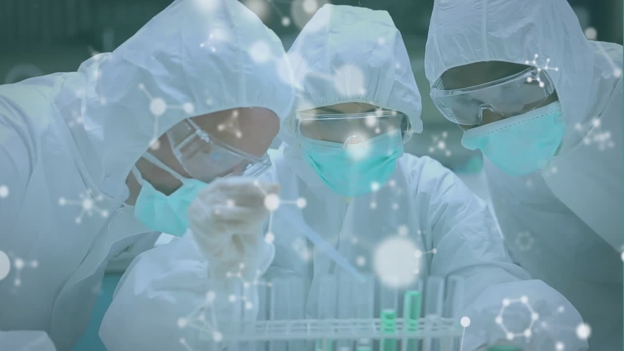 실험을 하는 다양한 과학자들에 대한 분자의 애니메이션