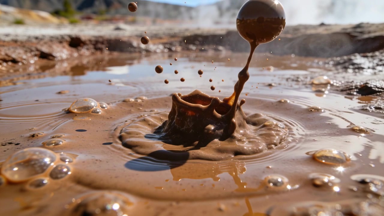 Bolla che sale da una pozza di fango geotermico formando un getto e una gocciolina sferica, creando uno schizzo a corona.