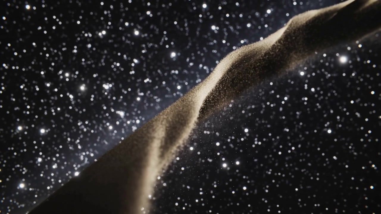 Colonna di particelle dorate che si attorciglia e si snoda in creste mentre la telecamera si allontana sopra le stelle, disperdendo granelli.