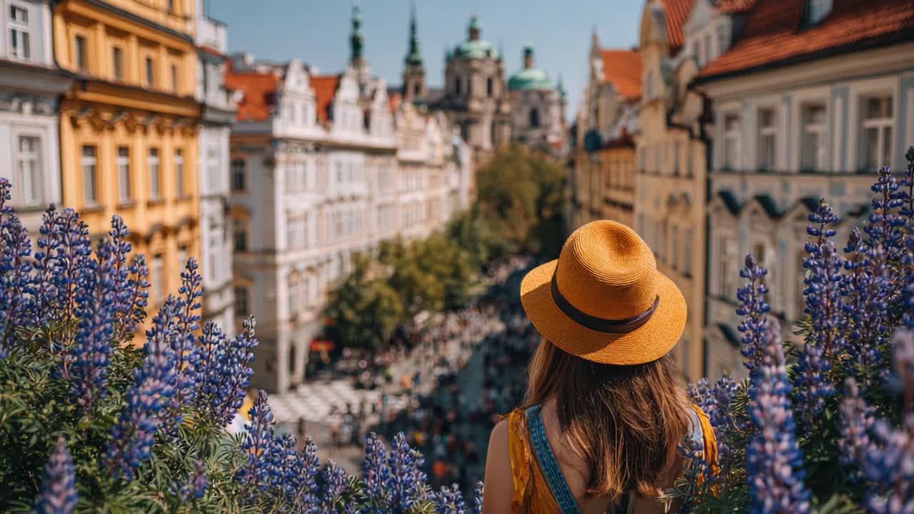 Scenic Overlook of a Vibrant City with a View of Historic Architecture, Colorful Buildings and Lush Flowers Captured in Bright Daylight