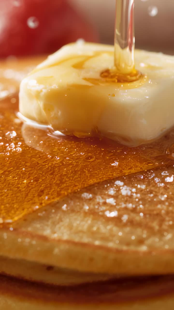 Vertical video: Pouring syrup hitting butter pat on pancakes at table for breakfast, sugar crystals