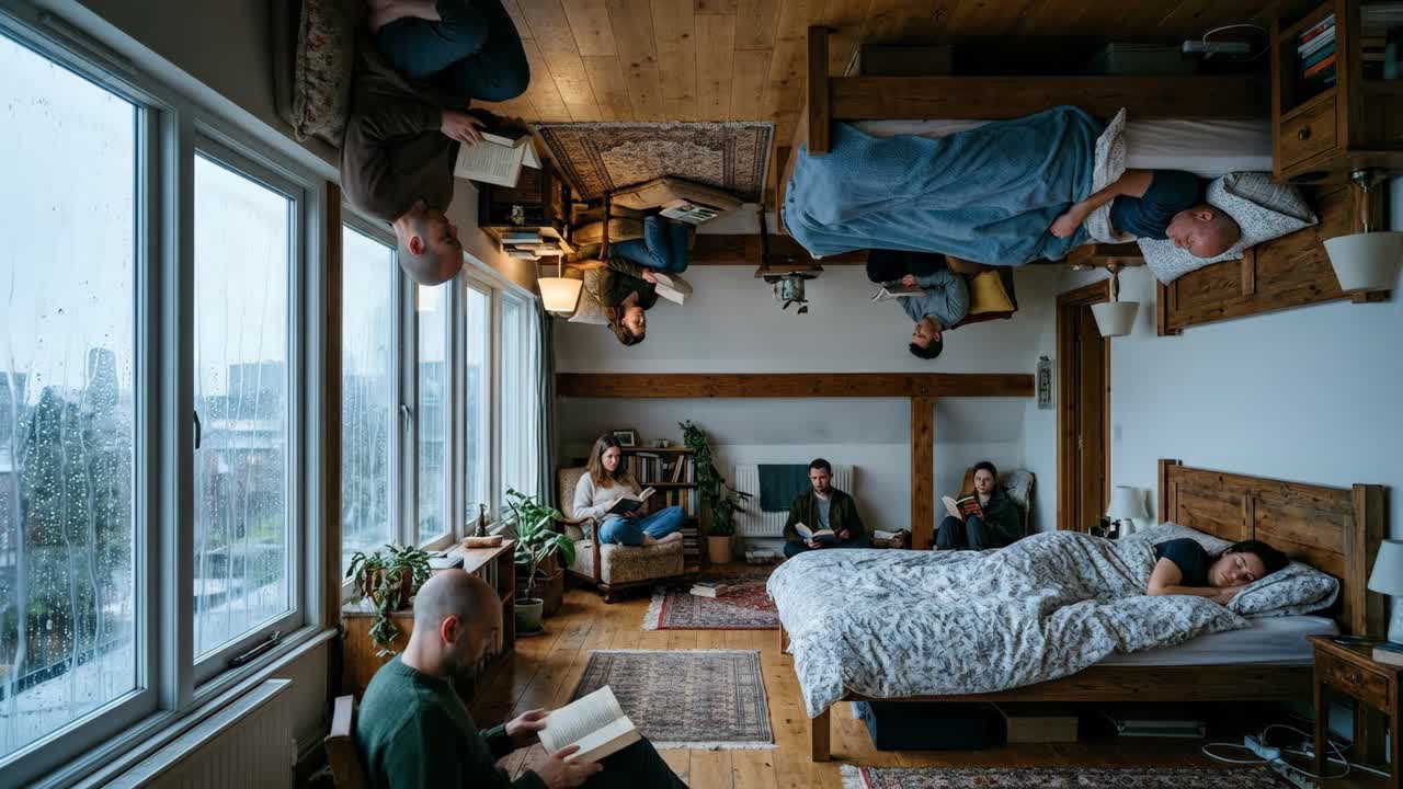 Surreal Home Interior with People Reading and Sleeping Upside Down