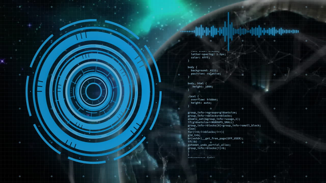 Animation of scope scanning with data processing over globe on black background