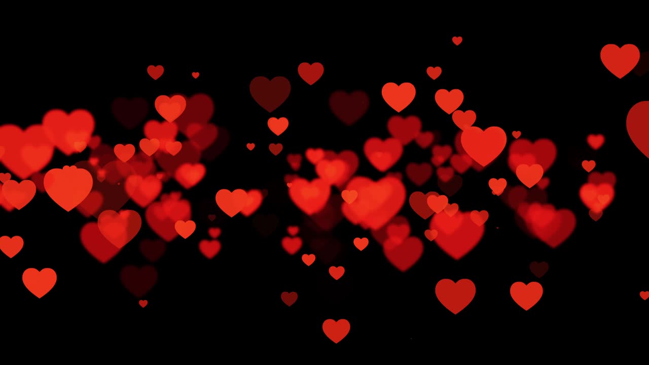 4k 3d 렌더링: 한 루핑 로맨틱 비행 빨간 심장이 검은 배경에서 중심에서 흐르는 로맨틱 기념일 이벤트에 완벽한 루프 가능
