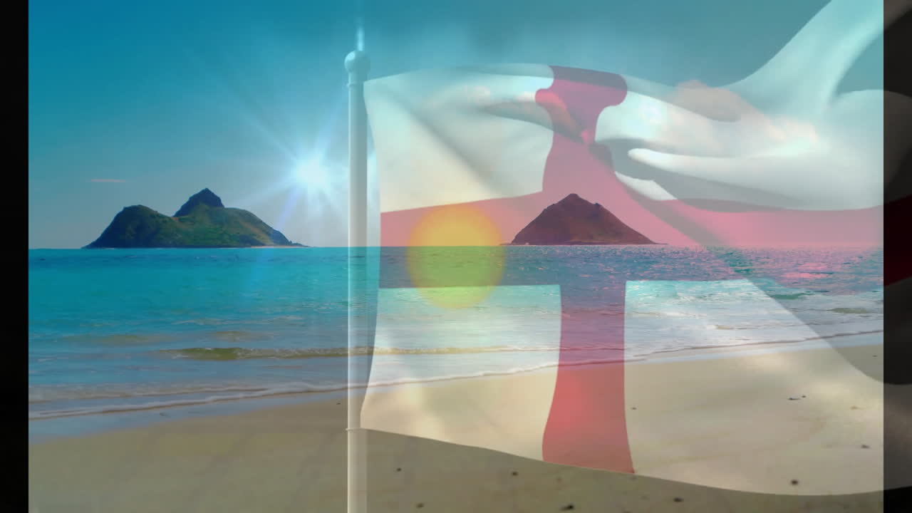 Waving flag animation over serene beach with distant islands and clear sky