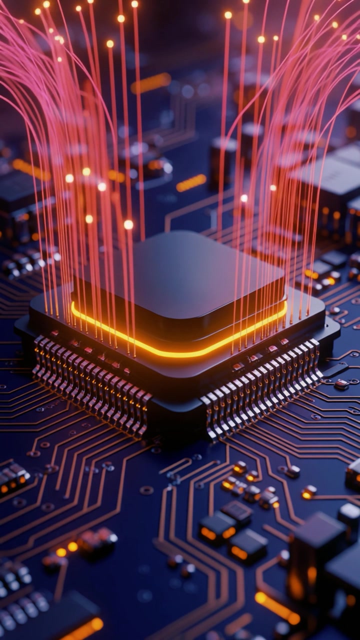 Central Processing Unit (CPU), der udsender glødende datastrømme på printplade