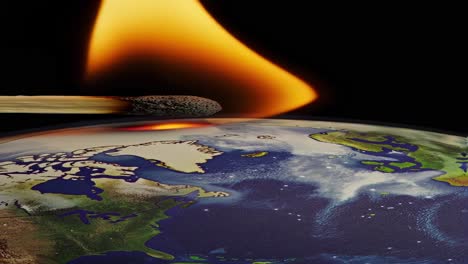 matchstick approaching planet earth, gradually warming globe, representing environmental destruction and escalating climate change risks through human actions