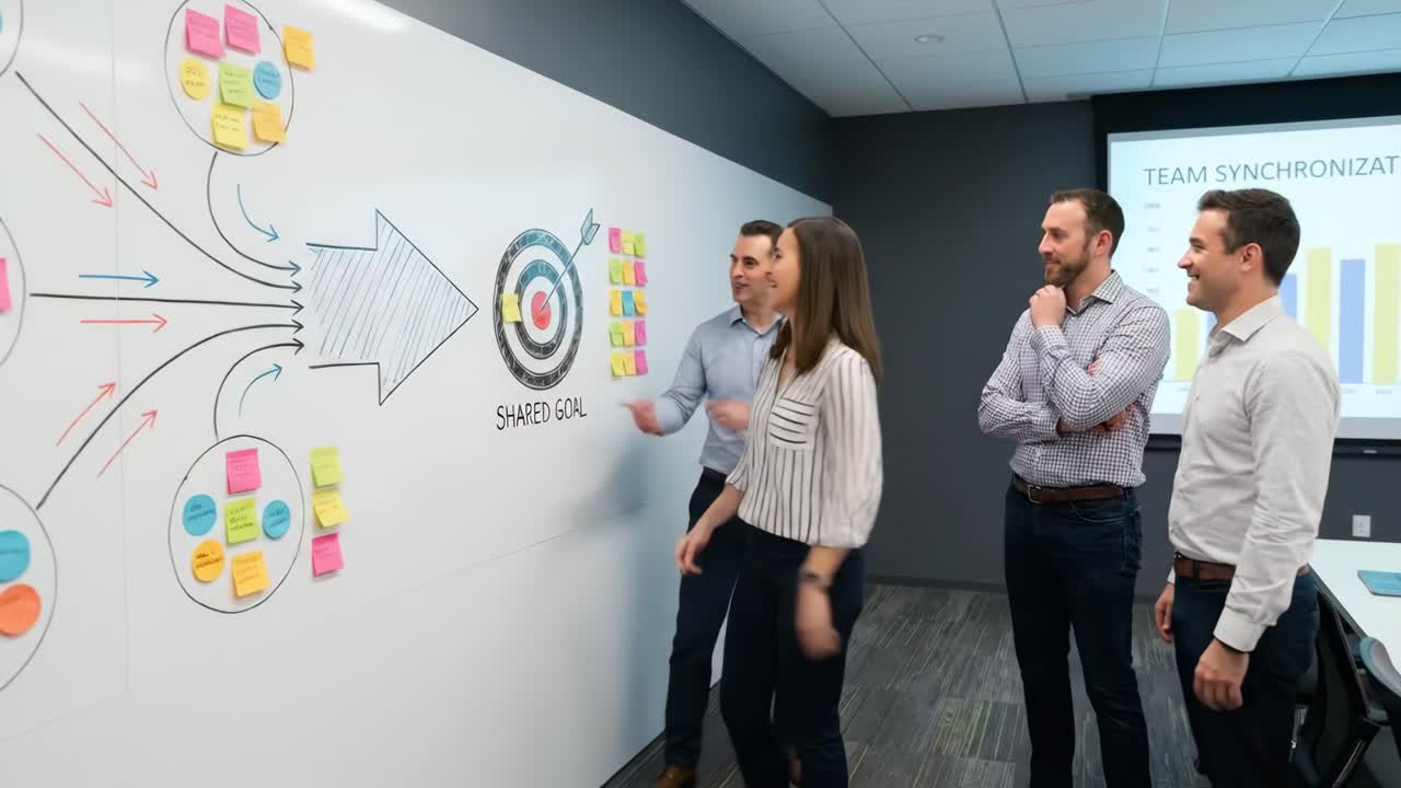 Equipo empresarial colaborando en un diagrama estratégico en la pizarra