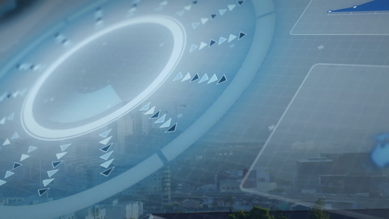 Futuristic data processing animation over cityscape with buildings and trees