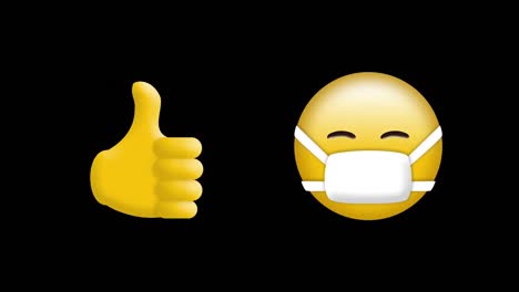 animation of thumbs up and face mask emoji emoticon icons on black background