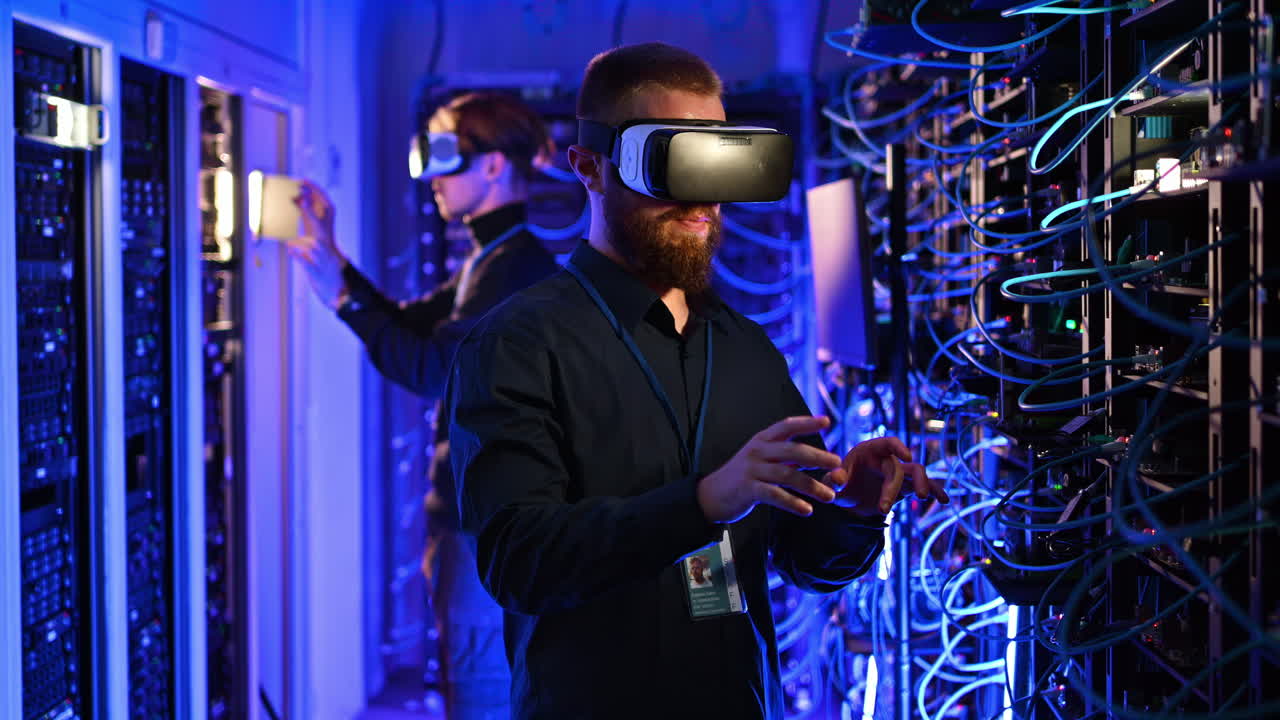 Men using Virtual Reality headset in a server room