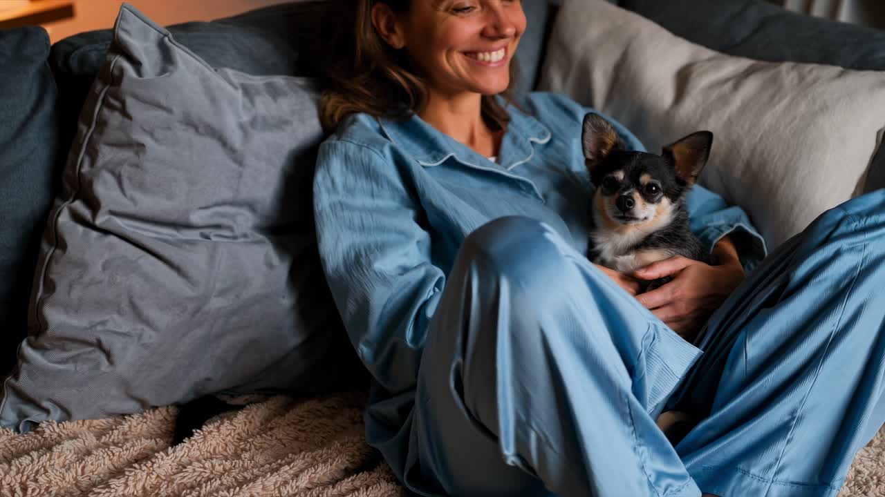 Smiling woman in blue pajamas sitting comfortably on a cozy sofa, holding her small chihuahua dog and enjoying a peaceful moment of relaxation at home