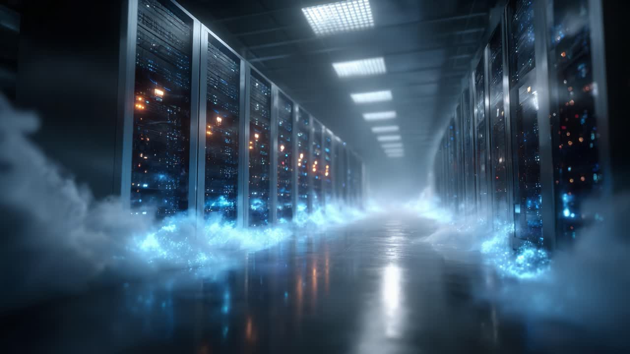 A Glimpse into the Futuristic Data Center with High-Tech Servers and a Mystical Glow, Capturing the Essence of Modern Computing Infrastructure