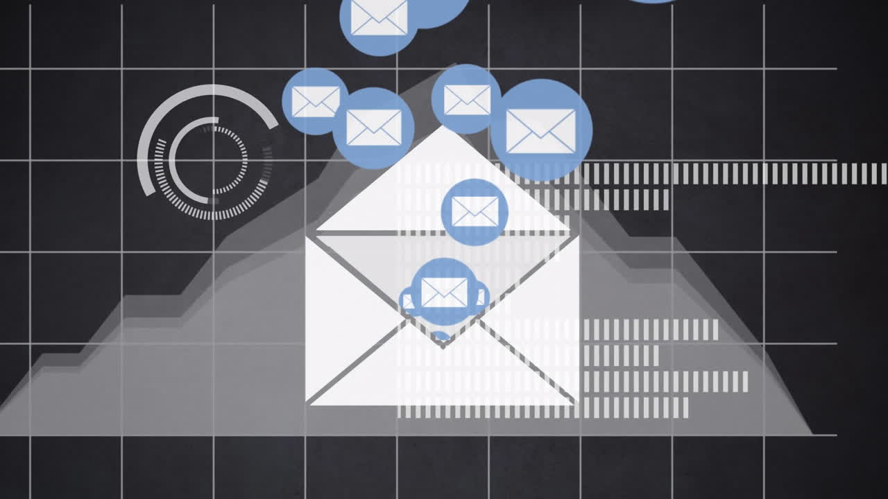 Animation of social media icons over network of connections with statistics