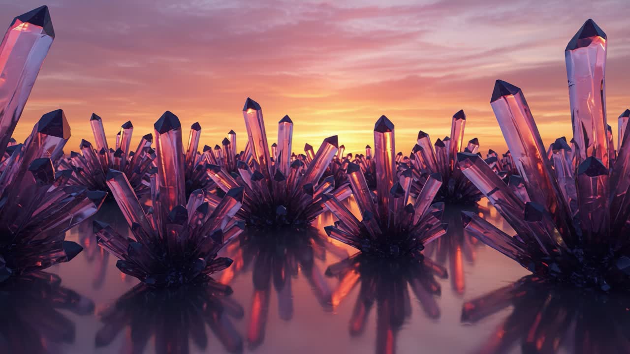 A Stunning Sunset Over a Breathtaking Field of Iridescent Crystals, Glimmering Fascinatingly as the Sun Sets with Vibrant Colors on the Horizon