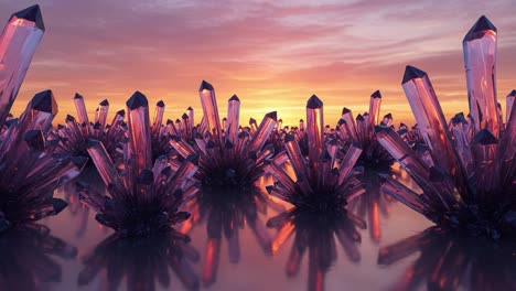 a stunning sunset over a breathtaking field of iridescent crystals, glimmering fascinatingly as the sun sets with vibrant colors on the horizon