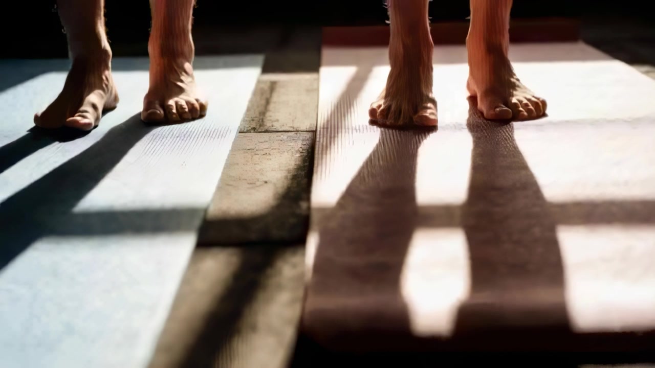 Lifting partners' bare feet on cue, rising onto balls on mats under window shadows for balance