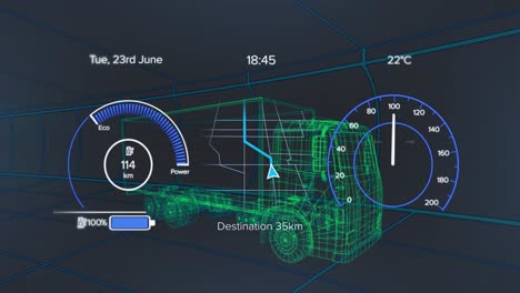 animation of speedometer over 3d model of a truck moving against blue background