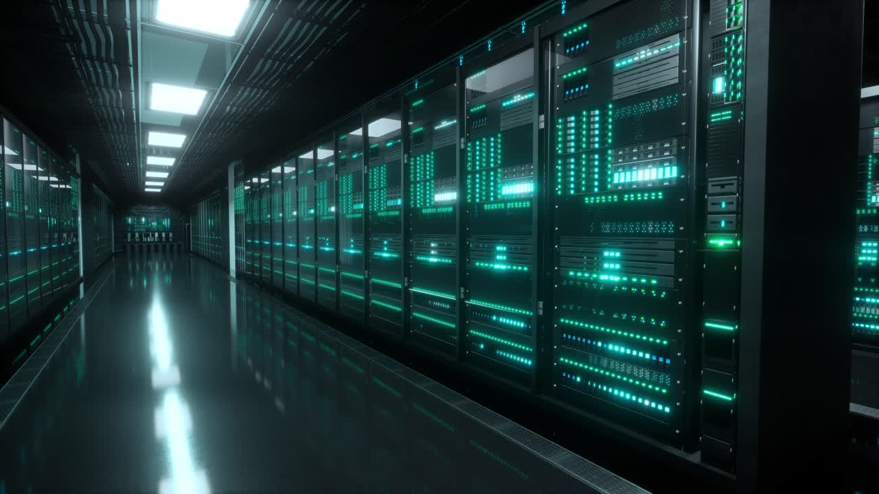 Inside Large Data Center. Advanced Cloud Computing Concept. Corridor With Server Racks And Cabinets Full Of Hard Drives