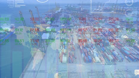 stock market data processing over world map against aerial view of port