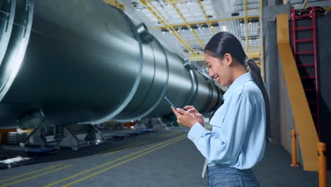 vista lateral de una mujer de negocios asiática usando un teléfono móvil en una fábrica de fabricación de tubos