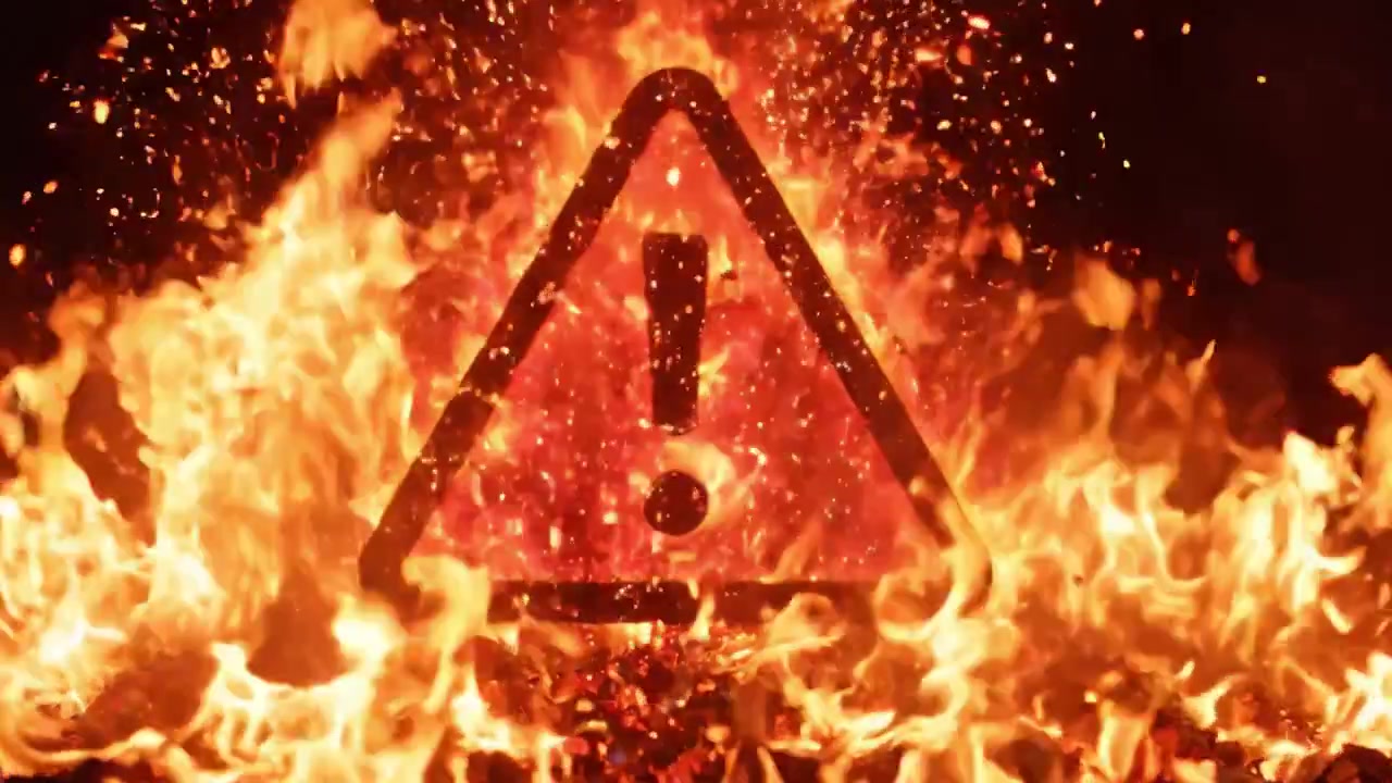 Ognisty symbol ostrzegawczy wyłania się z morza płomieni, podkreślając pilność i niebezpieczeństwo związane z zagrożeniami pożarowymi w intensywnym i dramatycznym pokazie ciepła i światła.