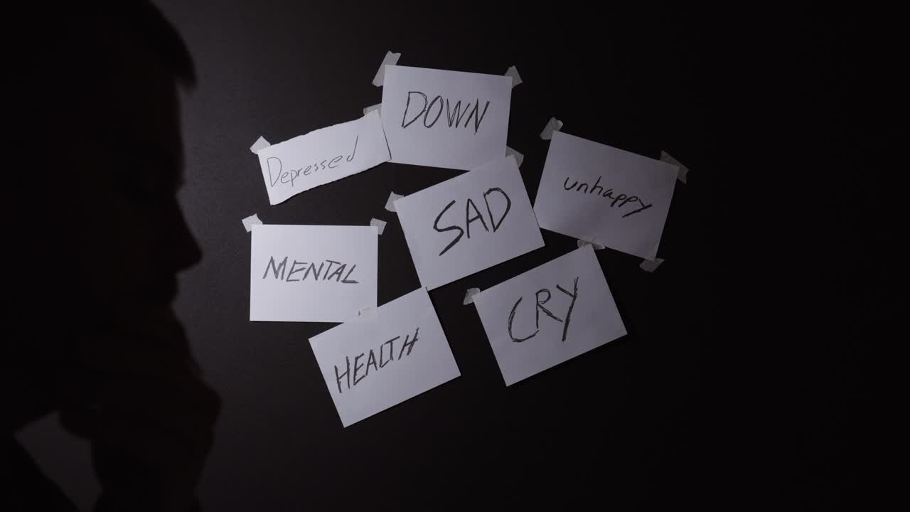 Silhouette of a man with words like sad, depressed, and cry in the background, representing mental health struggles