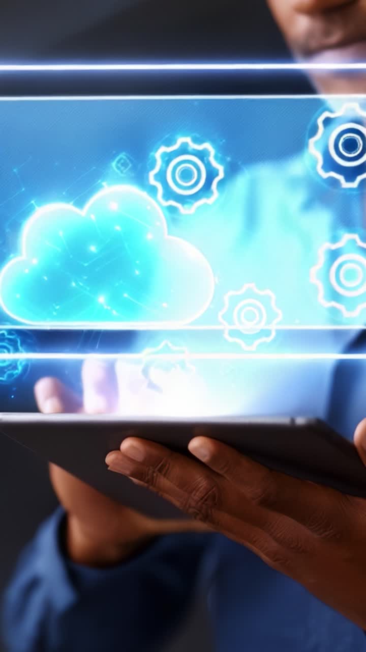 Exploring Cloud Technology: Hands Interacting with a Virtual Cloud Interface Displaying Gears, Illustrating Data Processing and Connectivity in Modern Computing Solutions