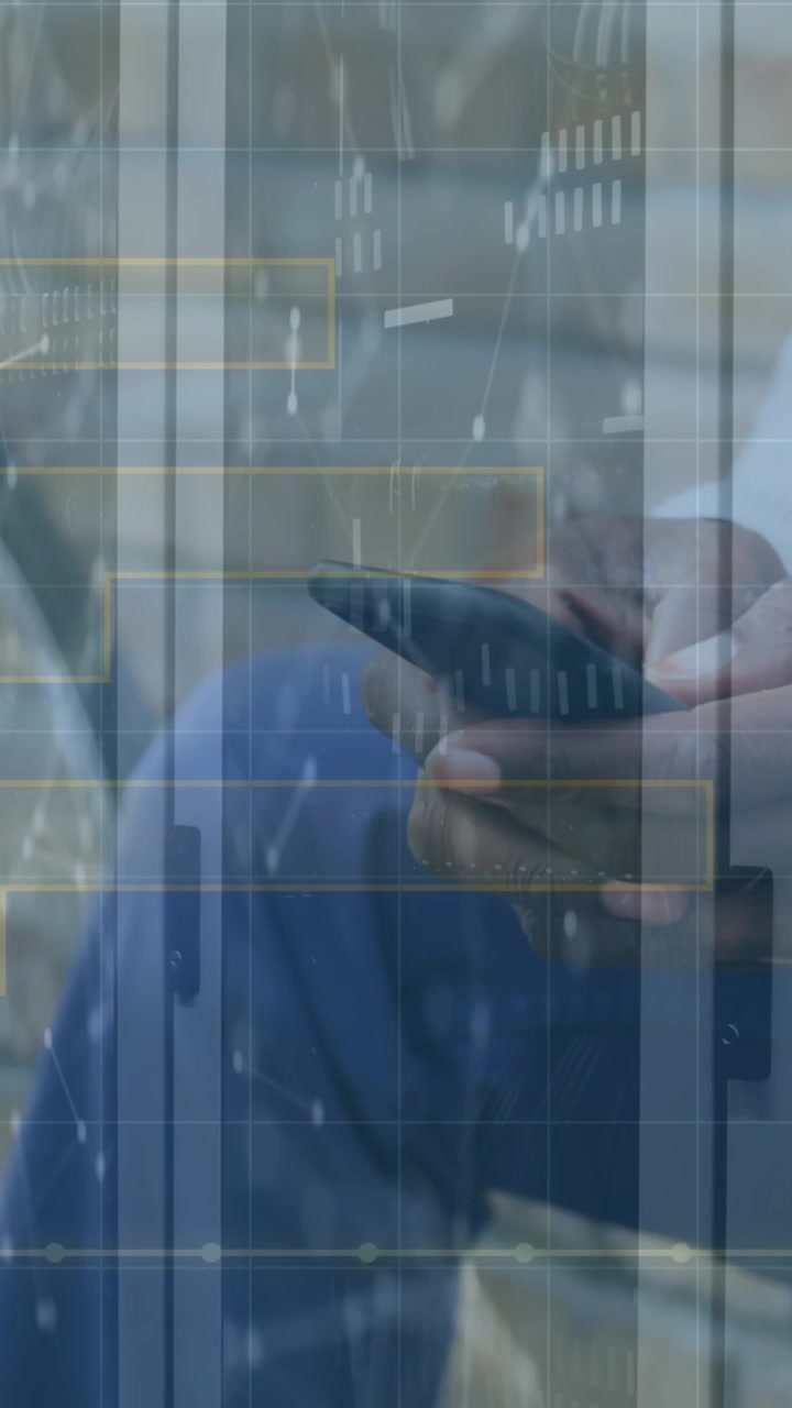Animation of network of connection over mid section of man using smartphone against server room
