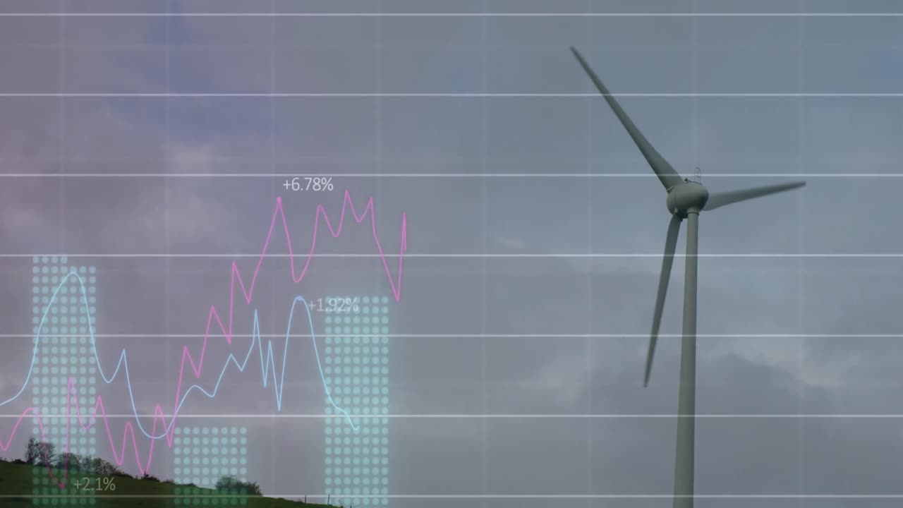 회색 하늘을 배경으로 회전하는 풍차 위에서 통계 데이터 처리의 애니메이션