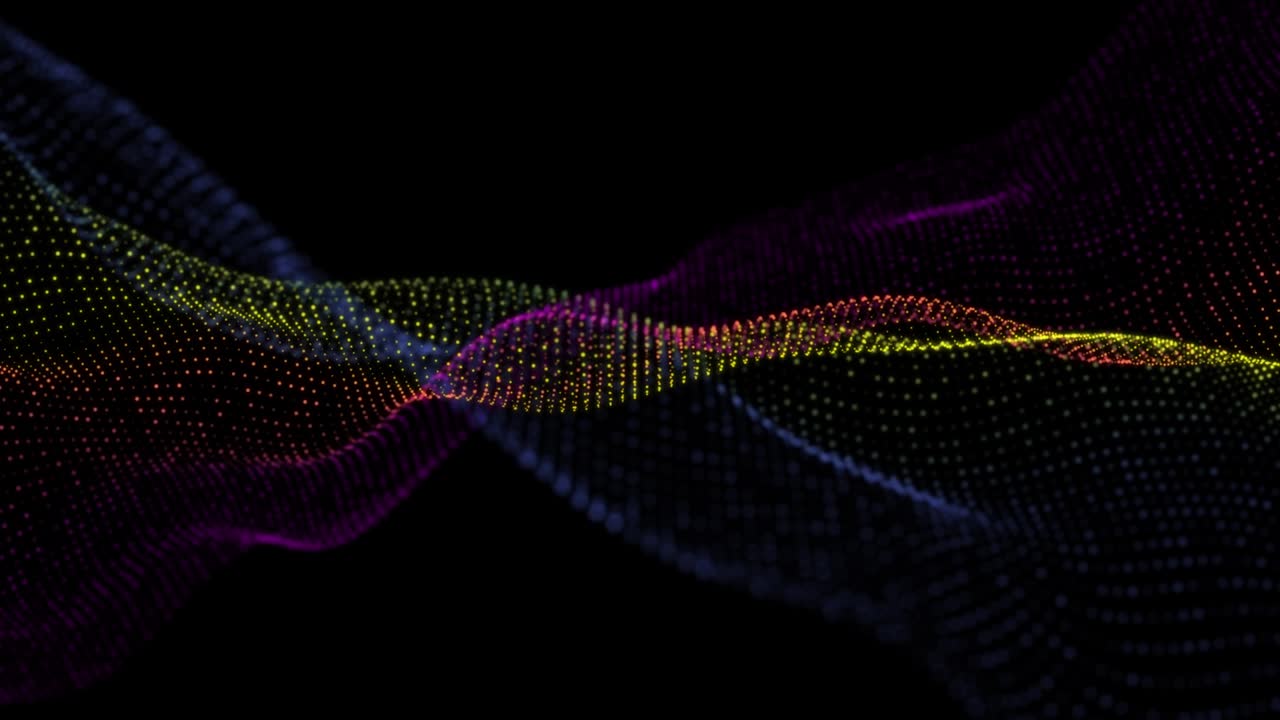 4K, Data movements of dust particles floating in infinity, Seamless Loop. Technology digital wave background concept.Beautiful motion waving dots texture with glowing defocused particles. Cyber or technology background. Multi Colored