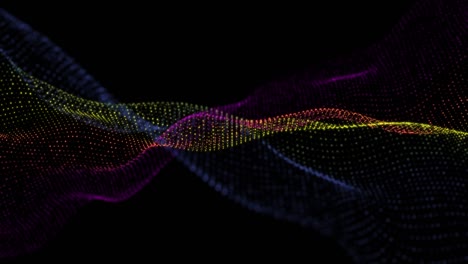 4k, movimientos de datos de partículas de polvo flotando en el infinito, bucle sin costuras. tecnología concepto de fondo de onda digital. hermosa textura de puntos ondulantes de movimiento con partículas desfocalizadas brillantes. fondo cibernético o tecnológico. multicolor