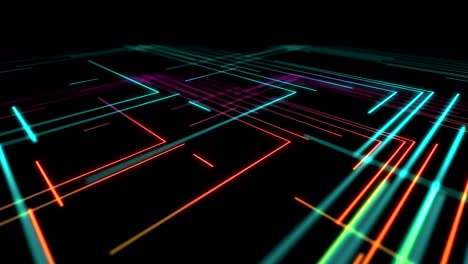 abstract line right angle lighting moving pink yellow and blue color, technology network digital data transfer concept design, glowing on black background seamless looping animation 4k, with copy space