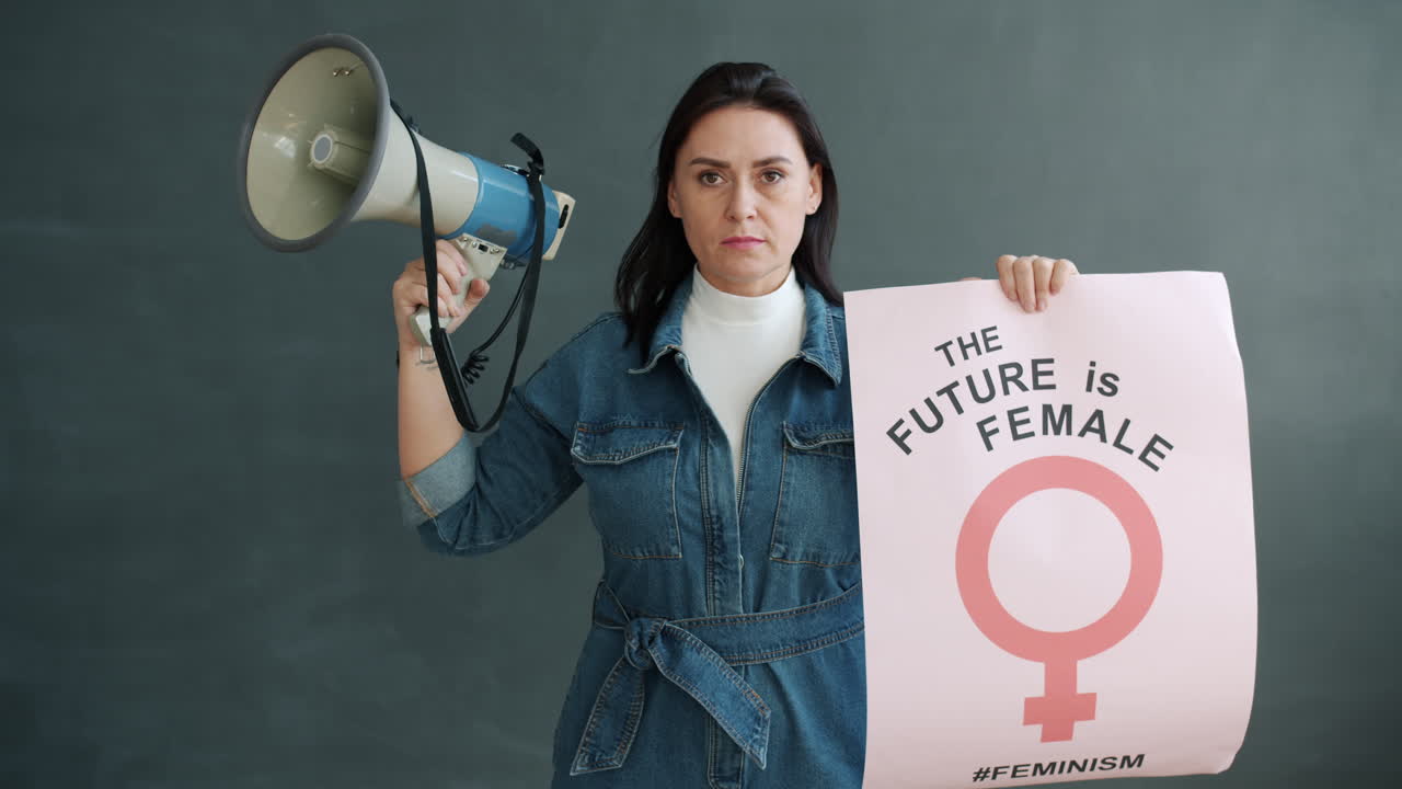 Woman Holding Megaphone and Poster for Feminism