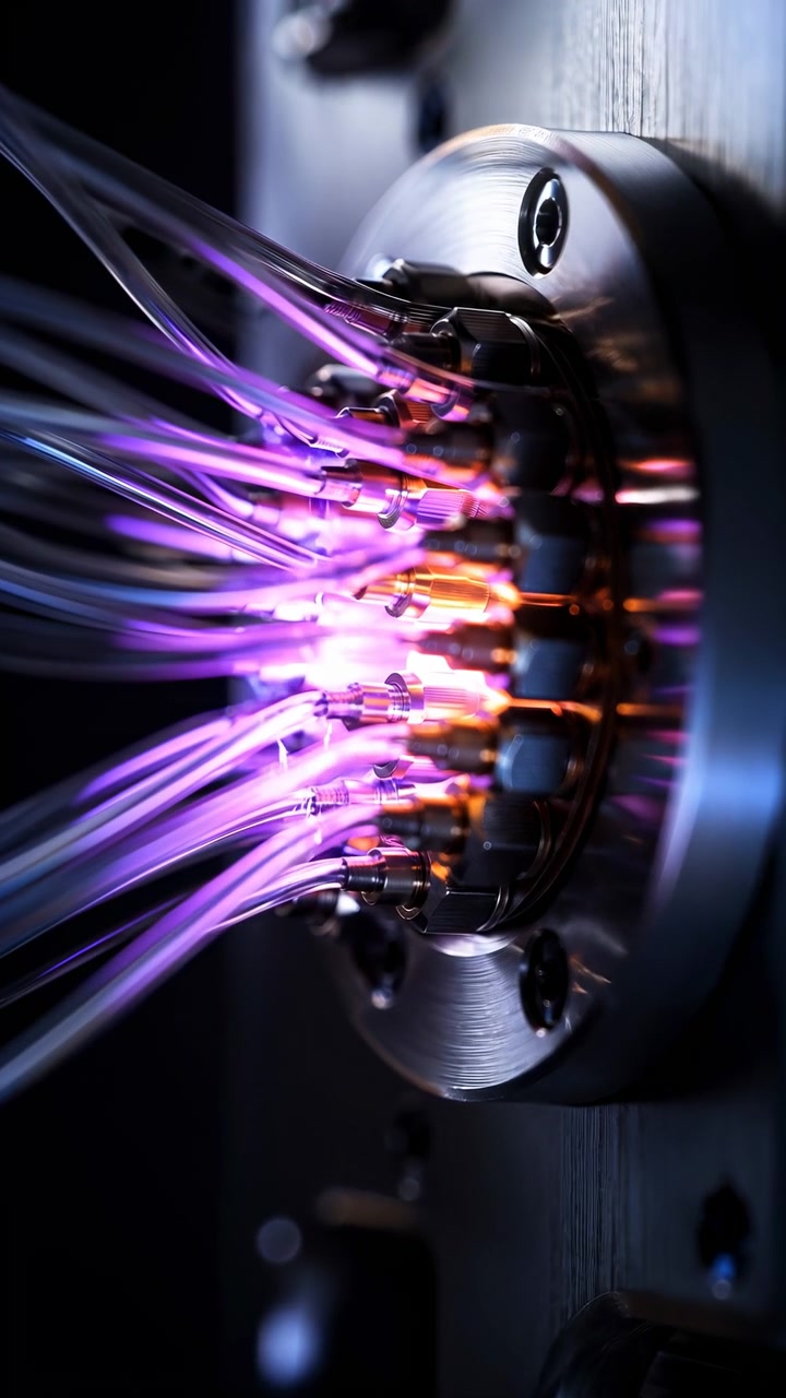 Bundter af klare optiske kabler føres ind i sorte og metalliske porte, mens farvet lys intensiveres hen over billedet og afslører tilsluttet hardware, refleksioner og lav dybdeskarphed
