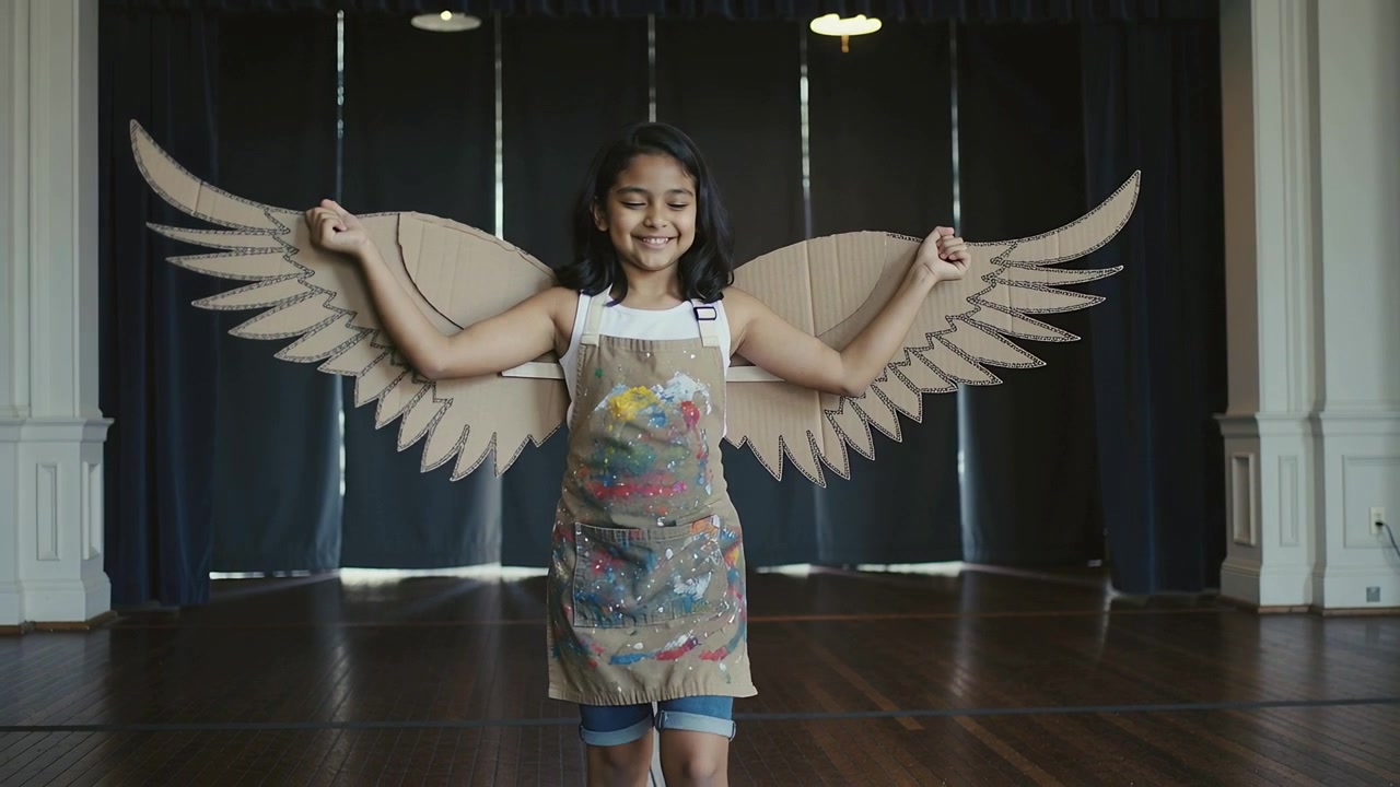 Extending girl wearing painted apron and harness raising arms and opening cardboard wings in hall