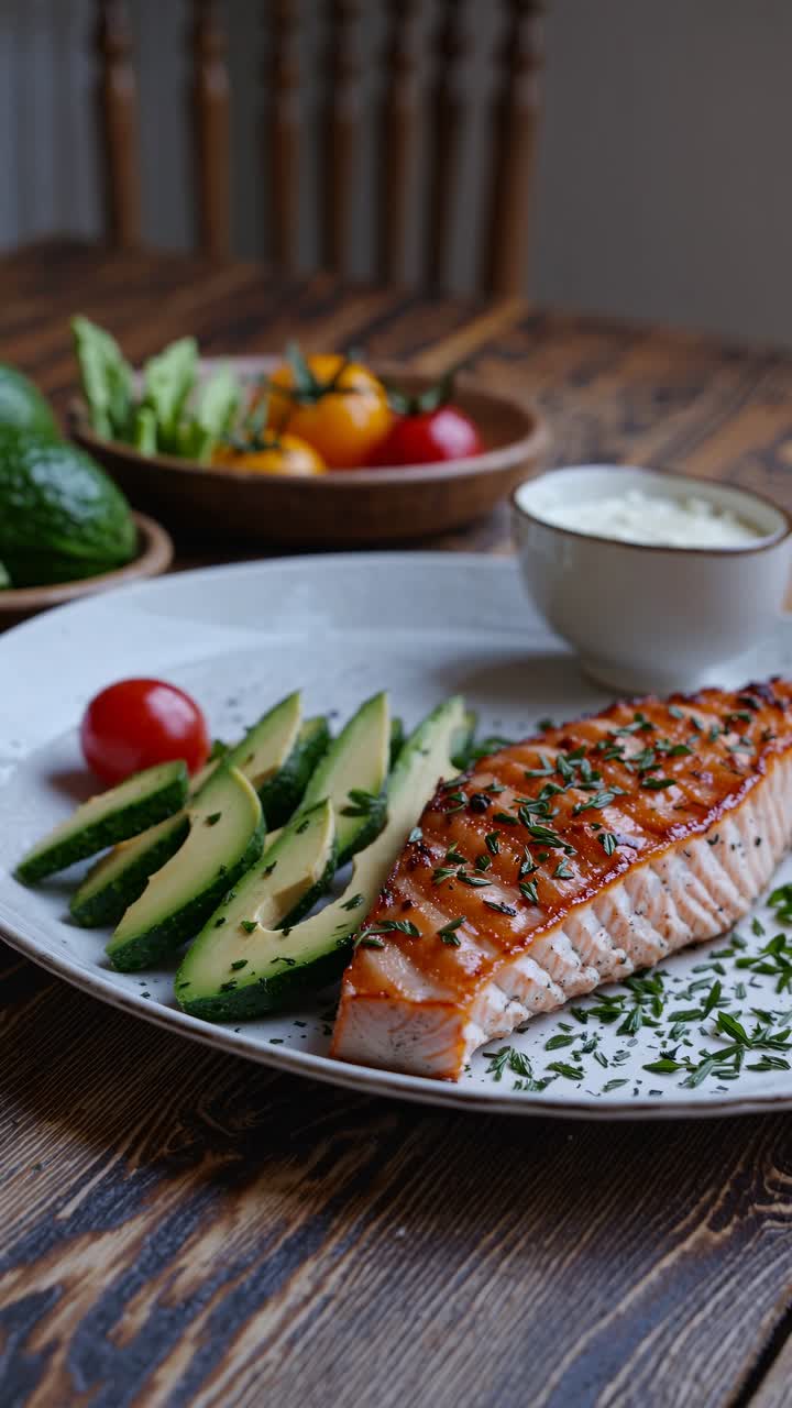 A close-up video shot of a grilled salmon fillet with avocado slices on a rustic wooden table