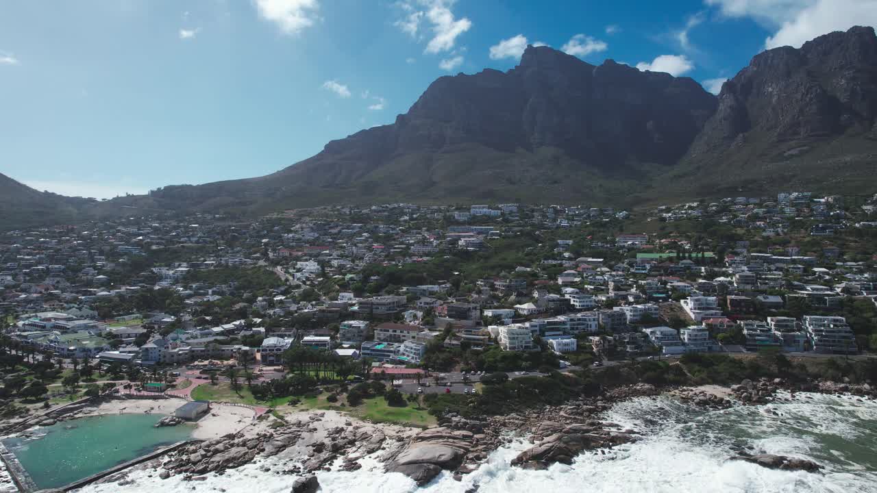 Aerial Drone shot over the city of Cape Town, South Africa with Table Mountain in Background