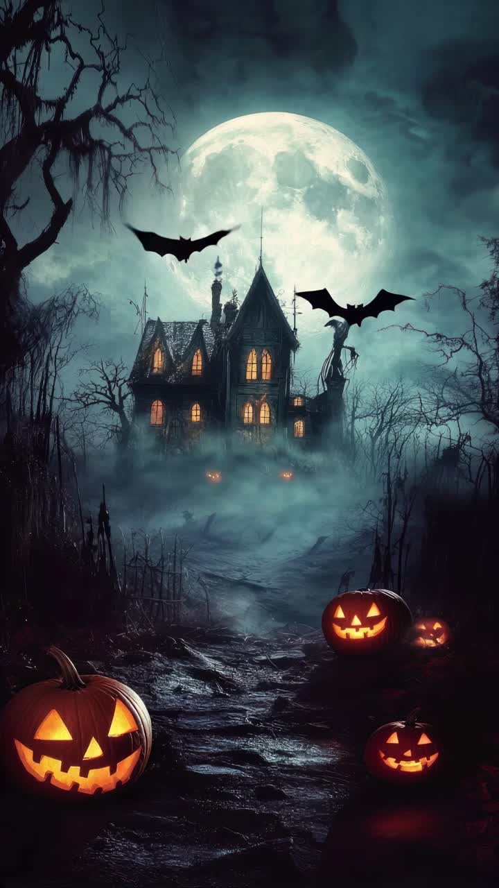 Scena spettrale di Halloween con vista dal basso di una casa infestata, zucche luminose e pipistrelli