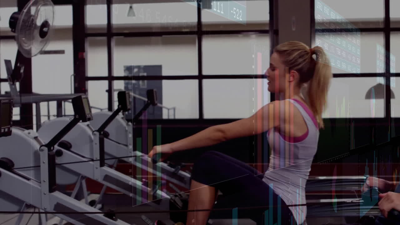woman rowing on machine indoors, with animated fitness data chart and graph overlays