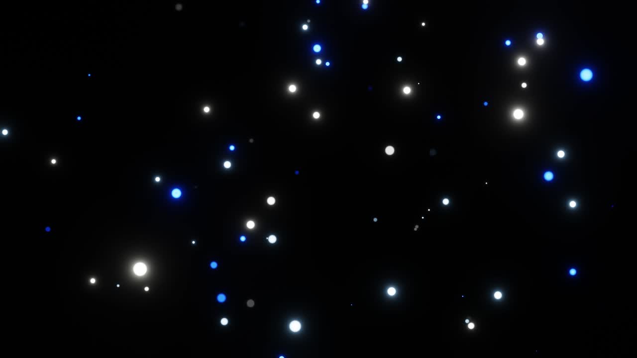 Falling from top to bottom shining blue and white light defocused confetti particles circular bokeh