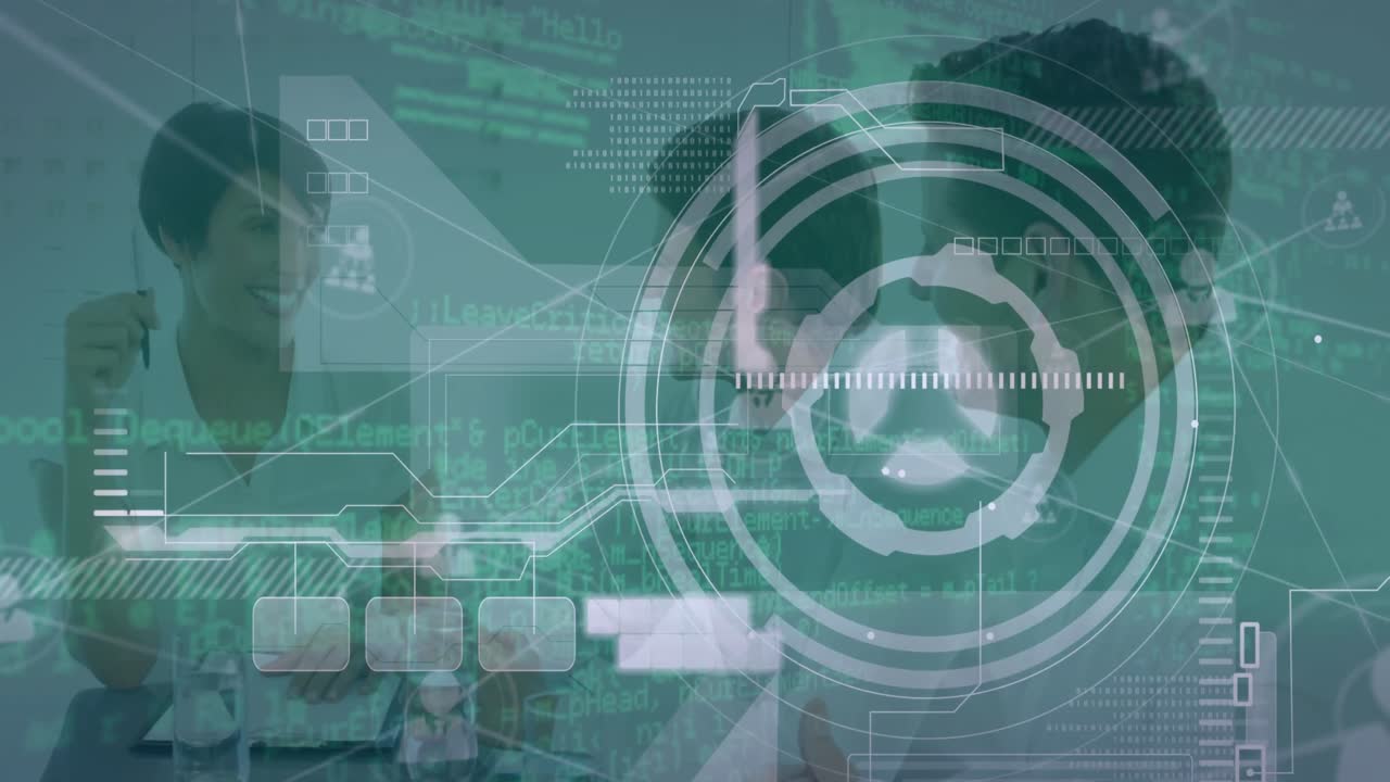 사무실 회의에서 웃는 백인 동료들이 토론하는 인포그래픽 인터페이스의 애니메이션