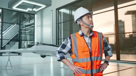 ingeniero en una oficina moderna con un avión no tripulado